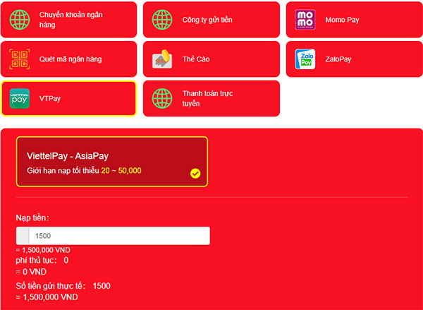 Giao diện nạp tiền J88 đơn giản với VTPay
